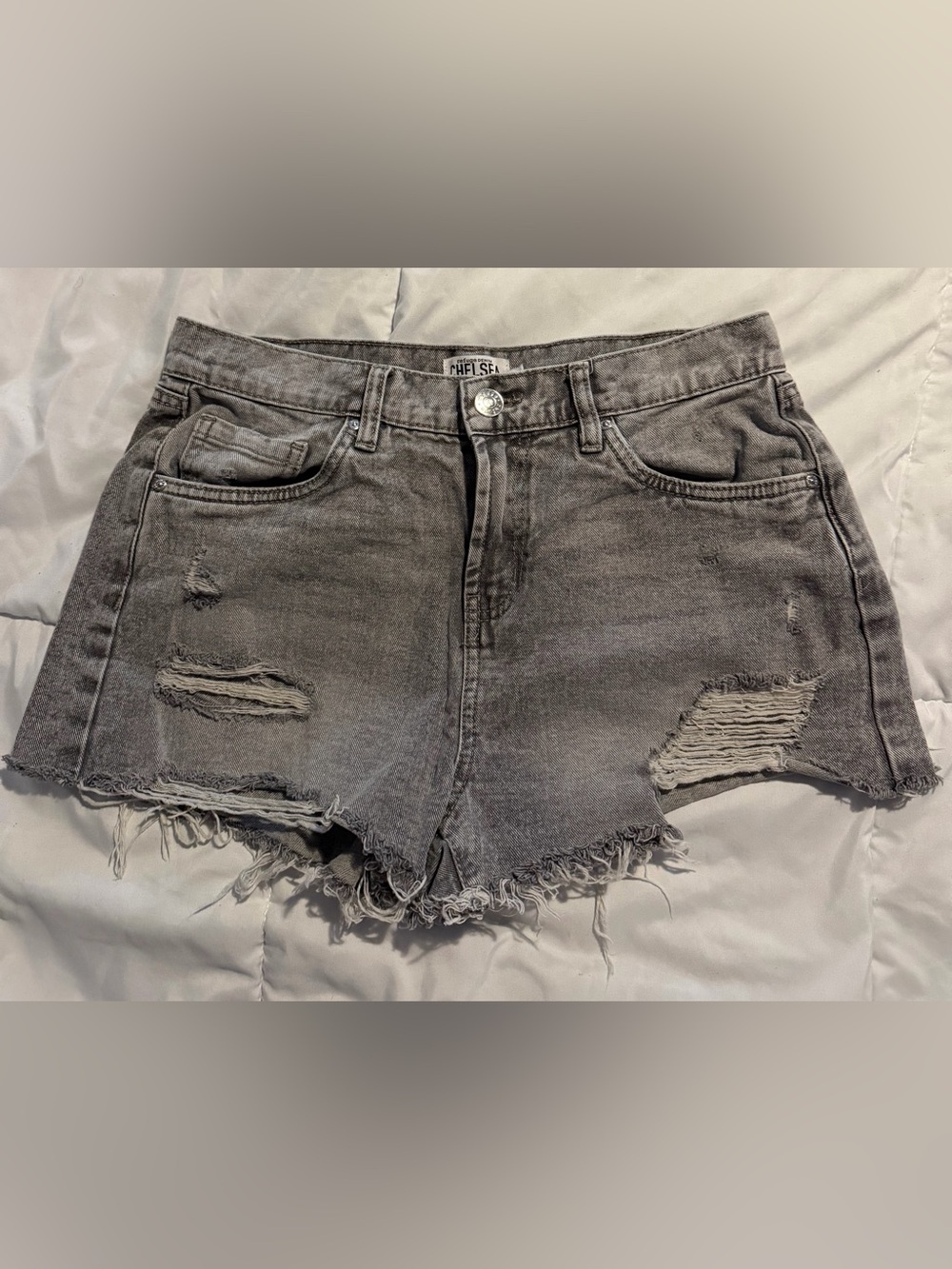 Washed Gray Distressed Denim Shorts - Women's Casual Frayed Hem
